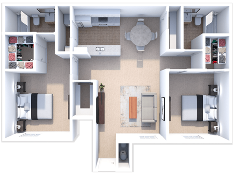 Floor plan for 2 beds, 2 baths, 957 sqft